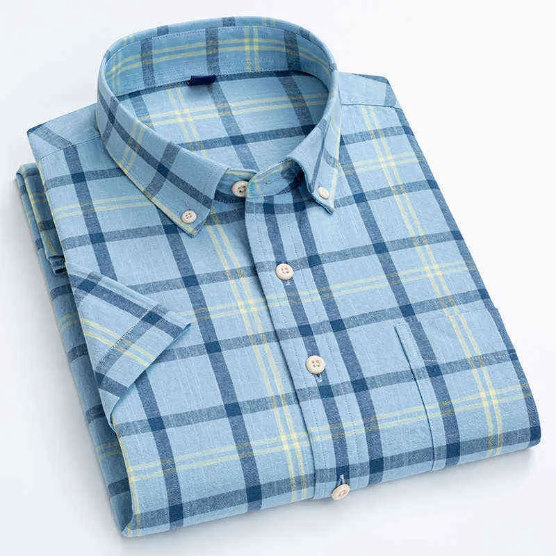 Camicie casual a righe scozzesi in cotone e lino di alta qualità uomo Camicia estiva a maniche corte con vestibilità regolare, comoda e traspirante G0105