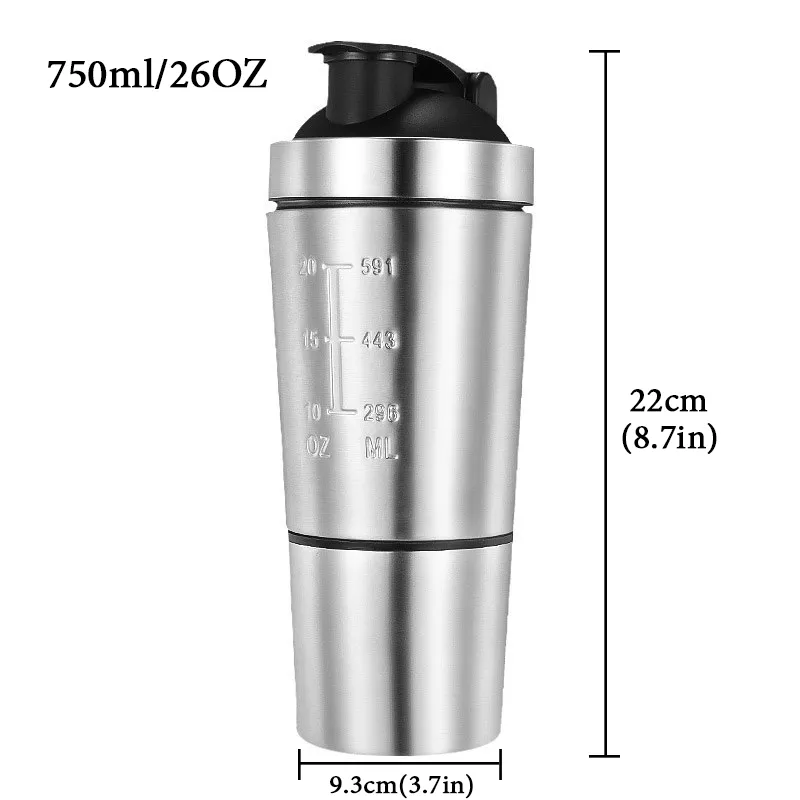 26oz afneembare wei-eiwit poeder sport shaker fles voor waterflessen roestvrij stalen cup vacuümmixer outdoor drinkware 201221