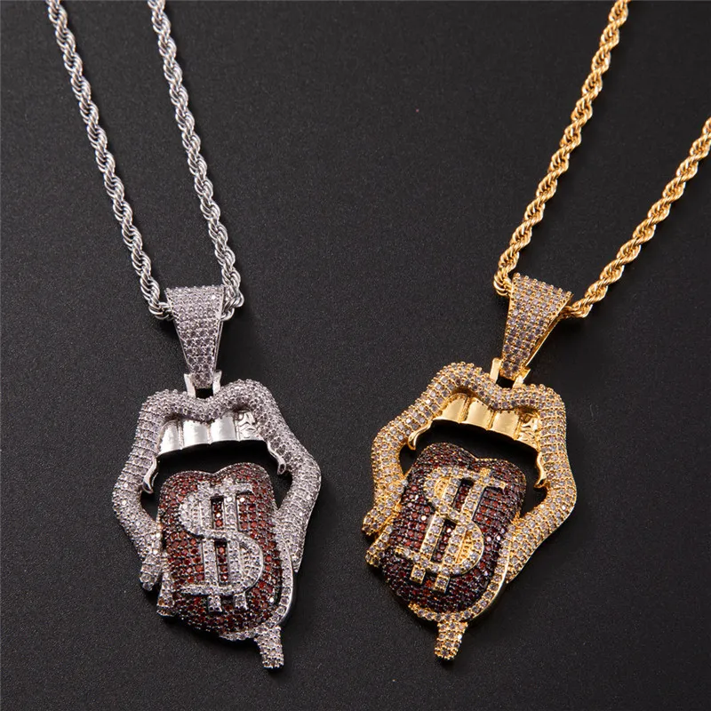 Hip Hop Claw Ustawienie CZ Stone Bling Out Out Dollars usta Wisiorki Języka Naszyjki dla mężczyzn biżuteria raperka 268G