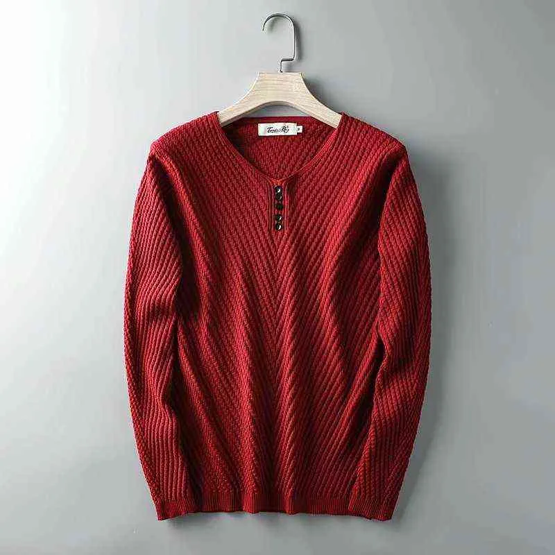 Swetry Pullover Mężczyźni V-Neck Solidna Z Długim Rękawem Ciepły Slim Fit Sweter Męskie Dzianiny Pull Homme Cotton Wygodne dzianiny 211221