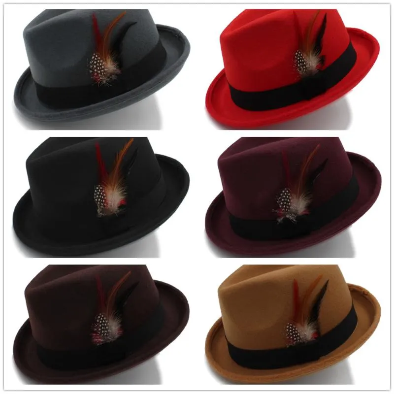 Stingy Brim Hats Women Men's Feminino Felt Fedora Hat For Lady Winter Autumn Wool Roll Up Homburg Jazz Feather1285r