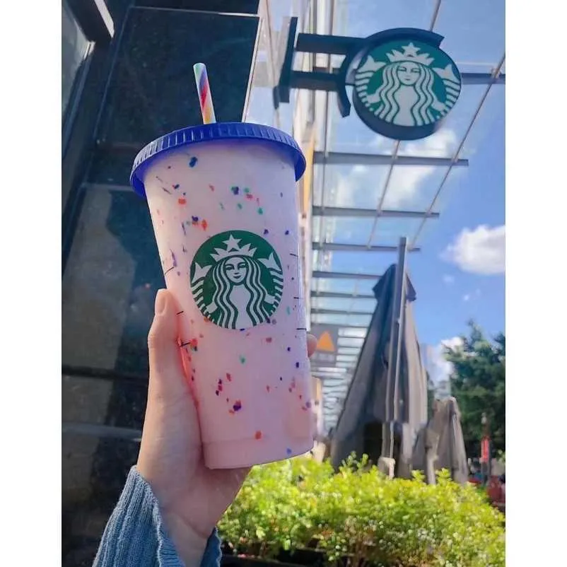 Starbucks-tumbler Herbruikbare plastic beker met deksel en rietje plastic kleurrijke rietje beker koude fles Kleur veranderende Confetti Cold Cup mlH9RU