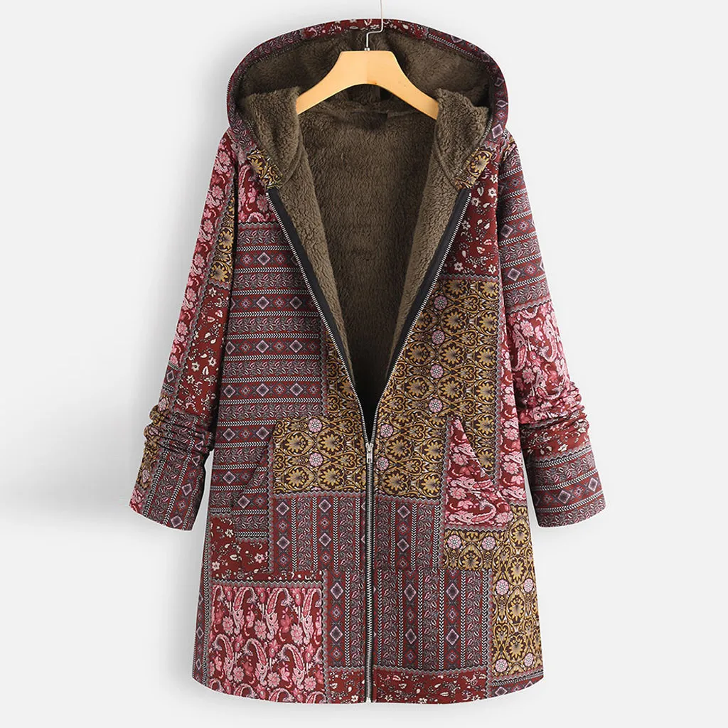 L-5XL Giacca invernale di grandi dimensioni Donna Spessa Parka caldo con cappuccio Cappotto imbottito in cotone Cappotto con cappuccio in pile Stampa etnica Capispalla donna # J30 T200114