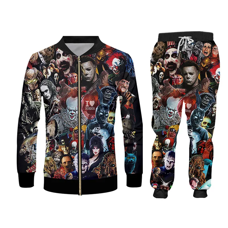 Ujwi 3d baskı takım elbise erkek setleri kafatası korku maskesi film palyaço komik harajuku kış unisex 3D eşofman ceketi tertelek zip hoodies 201118