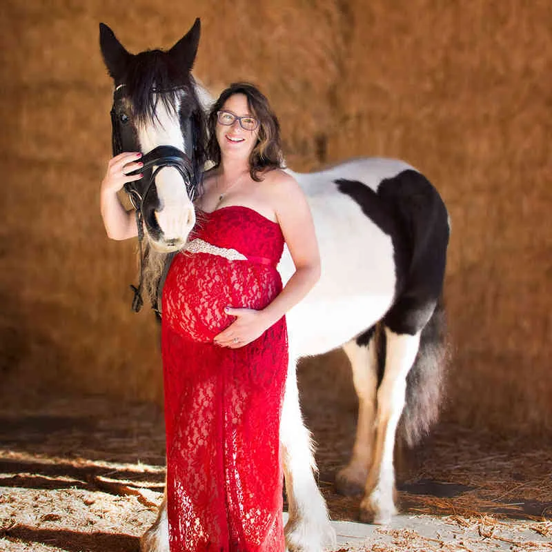 Nuovi oggetti di scena fotografia di maternità Maxi lungo morbido abito incinta con volant maniche in pizzo costume le donne fantasia servizio fotografico G220309