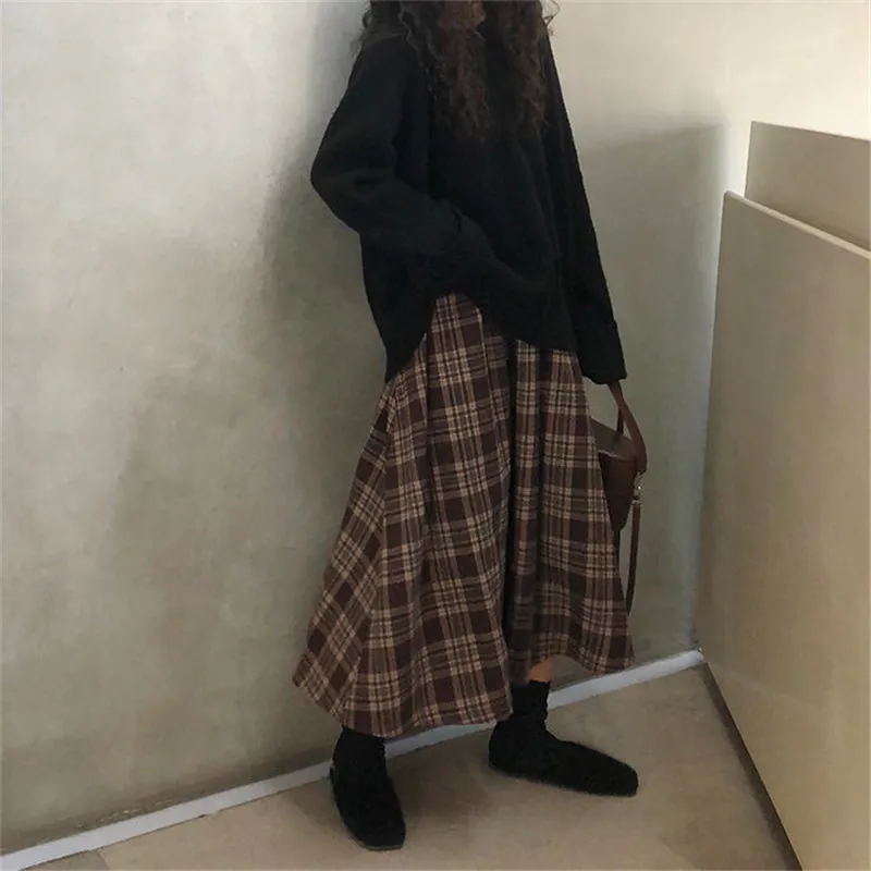 Japonais Harajuku automne hiver femmes jupe Midi taille haute Plaid femme Saias coréen Ulzzang Streetwear élégant jupes longues 220224