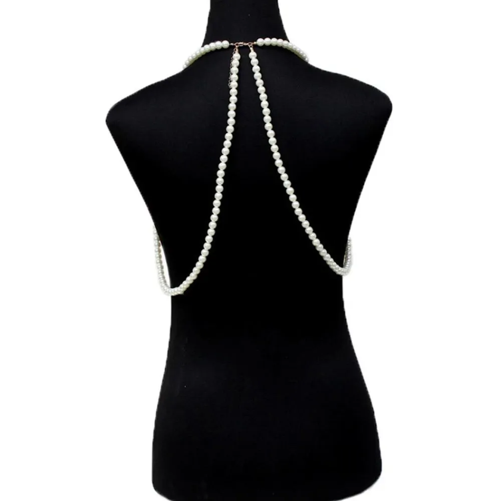 Unik flerskiktsimitation Pearl Bralette Top Body Chain för kvinnor Sexig brösthalsbandskedja smycken underkläder Party Accessories T200508