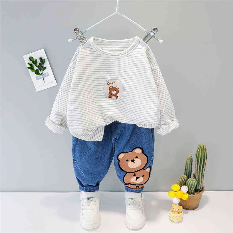 2021 frühling Herbst Baby Mädchen Jungen Kleidung Kind Kleidung Sets Streifen Bär T-shirt Jeans Kleinkind Kleinkind Kinder Casual Kostüm y220310