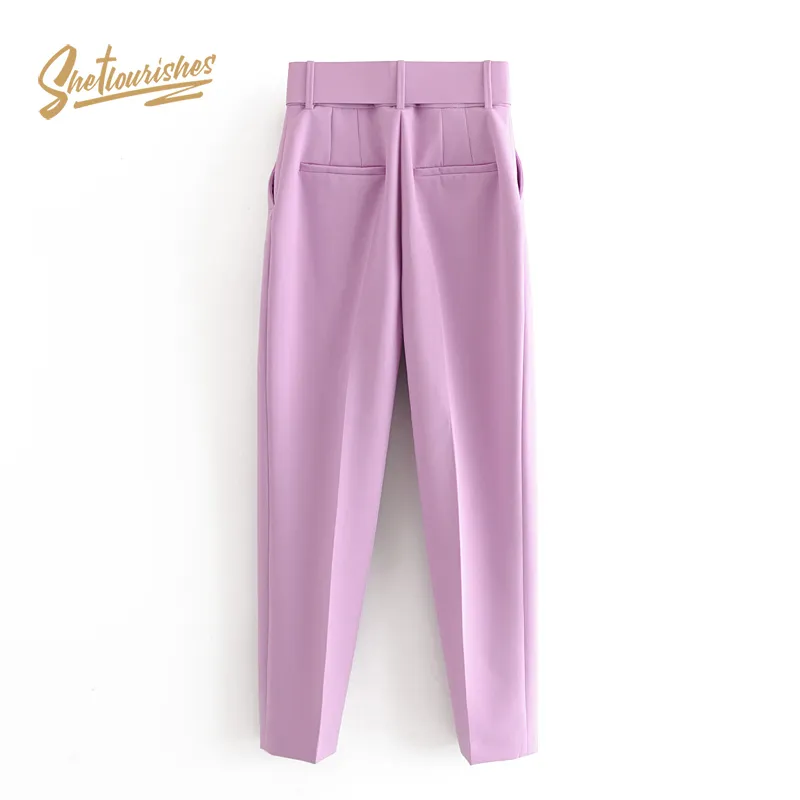 Sheflourishes Womens High Waist Trousers Pants with Belt zoravicky Lavender straight office lady Suit Pants Purple Capris SFF1d LJ200820
