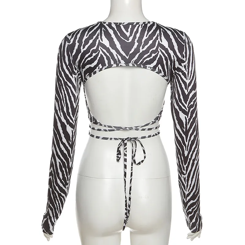 Y-l leopard zebra tryckt sexig backless spets ups pullover tee höst svart o-hals smal longsleeve kort t-shirt 220217