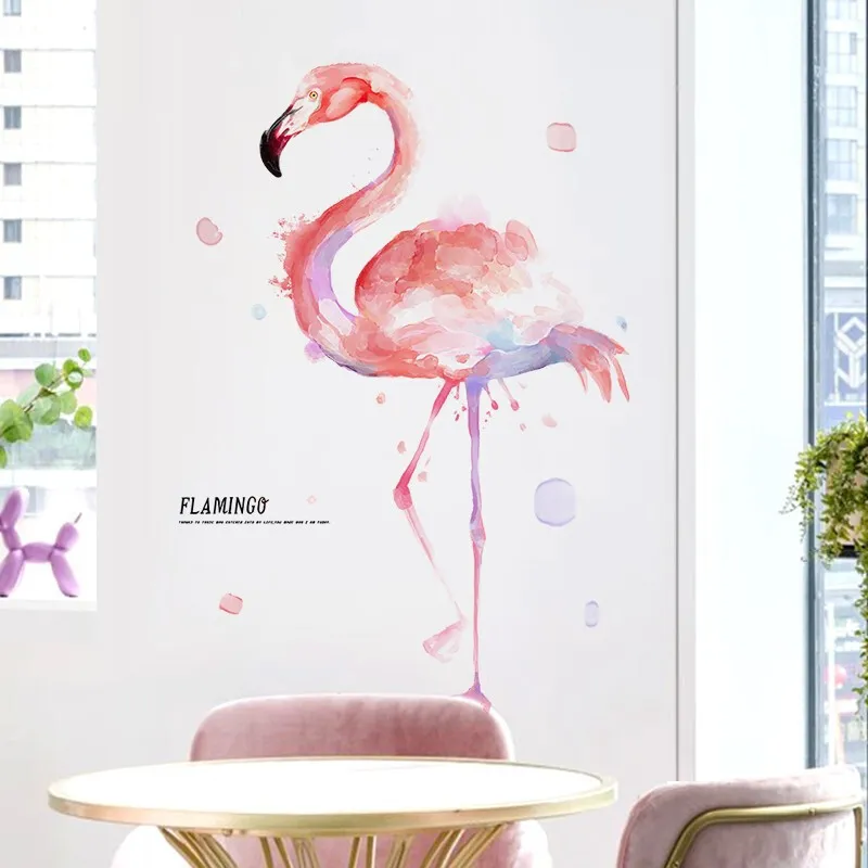 Cartoon Rosa Flamingo Wandaufkleber für Kinderzimmer Tuschemalerei Wandaufkleber Kinderzimmer Dekoration PVC Wandtattoos für Schlafzimmer T200601