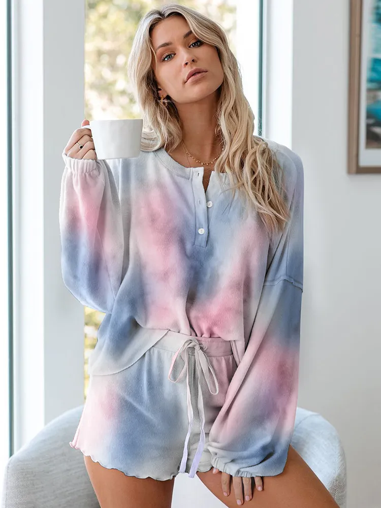 Kış Ev Giyim Twopiece Yeni Moda Sıradan Pijamalar Uzun Kollu Tiedye Pijama Set Oneepiece Suit Ev Kıyafetleri Lady T200429