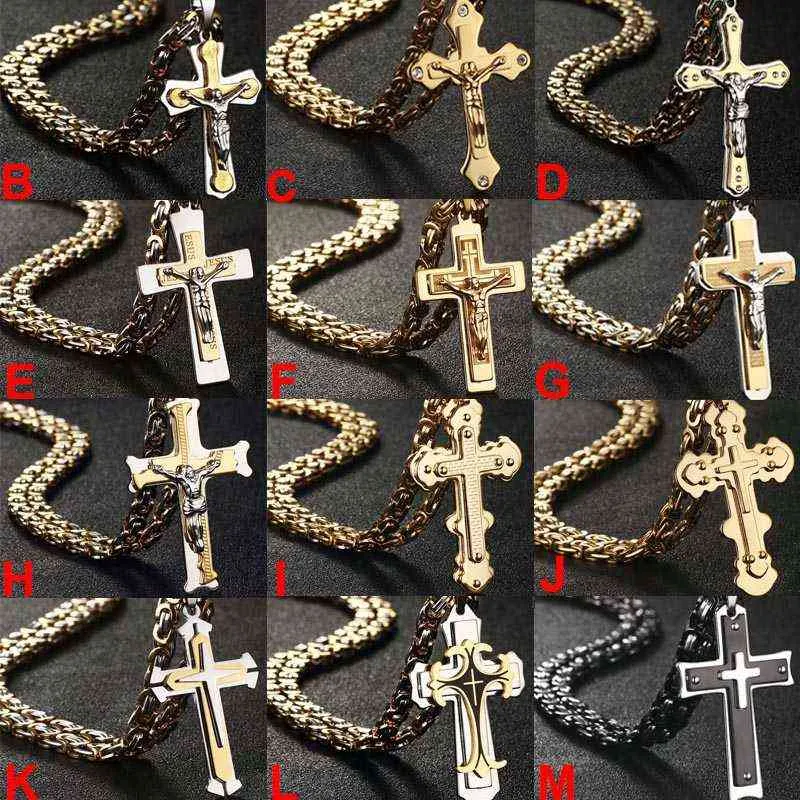 Bible Silver Color Jesus Cross Stainless Steel Pendants Necklaces Byzantine Long Chain Necklace for Men Jewelry colar collier 220121