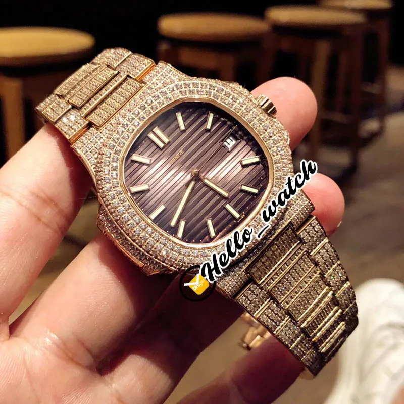 New 5711 5711 1A Brown Texture Dial Miyota Automatic Mens Watch Rose Gold Fully Iced Out Diamond Bracelet Sport Watches HWPP Hello166W