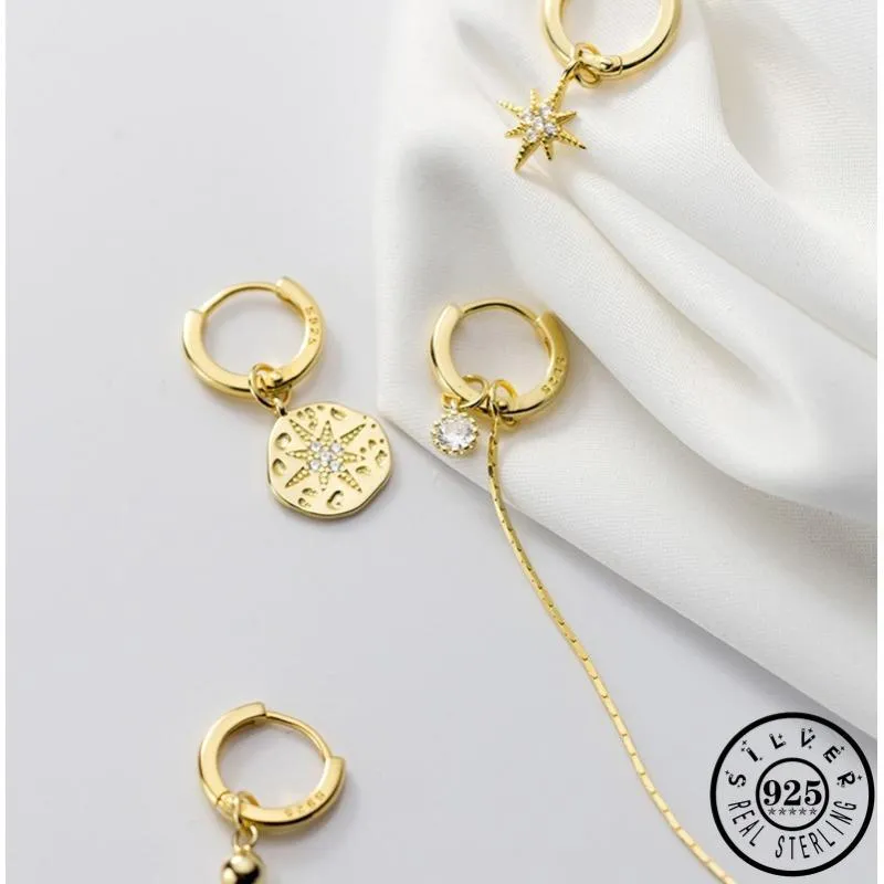 Hoop & Huggie 925 Sterling Silver Asymmetrical Zircon Round Star Shape Hoops Earrings Gold Color Long Tassel Chain Ear Rings Jewel2250