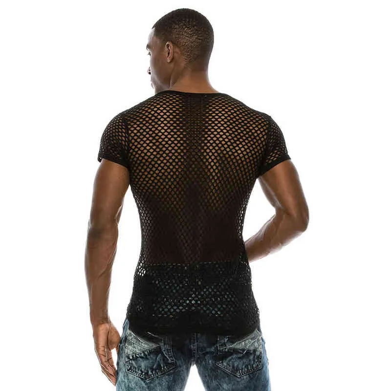 Męska Mesh See-przez Fishnet T Shirt 2022 Moda Sexy Krótki Rękaw Nightclub Wear T-Shirt Men Party Wykonaj Streetwear Topy Y220214
