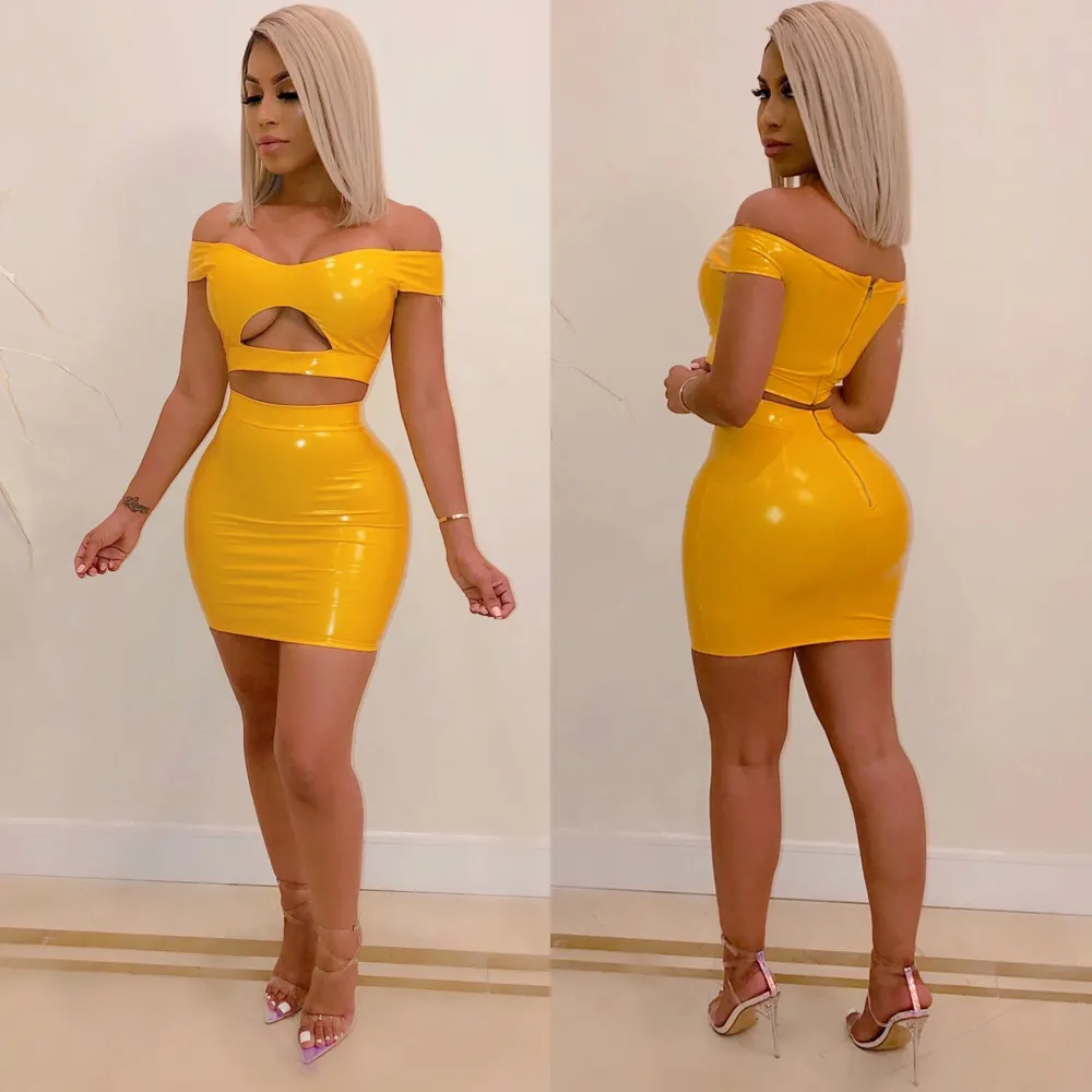 Kadınlar iki parça setleri pvc mahsulü ile mini etek kıyafetleri ile üst kısımlar seksi kesim göğüs sıkı akşam gece dışarı femme bodycon club takım elbise t200702