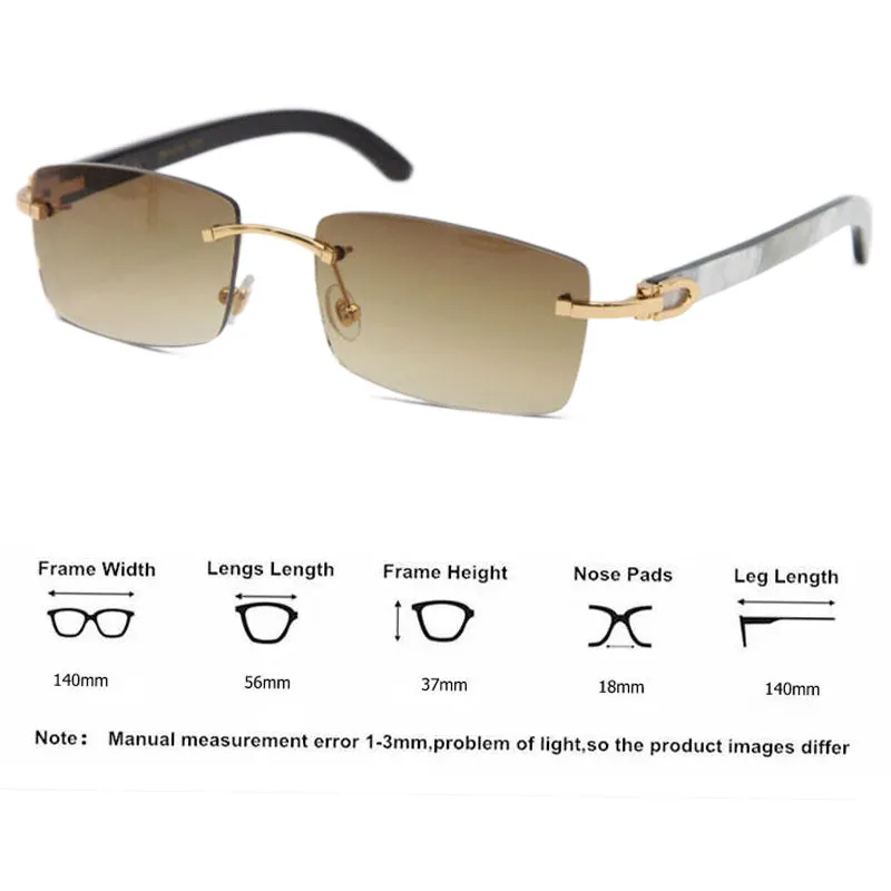 Nouveaux lunettes de soleil sans bordure carré en métal, rayures verticales en noir et blanc authentiques verticales de corne de corne 18k frame en or femme 263p