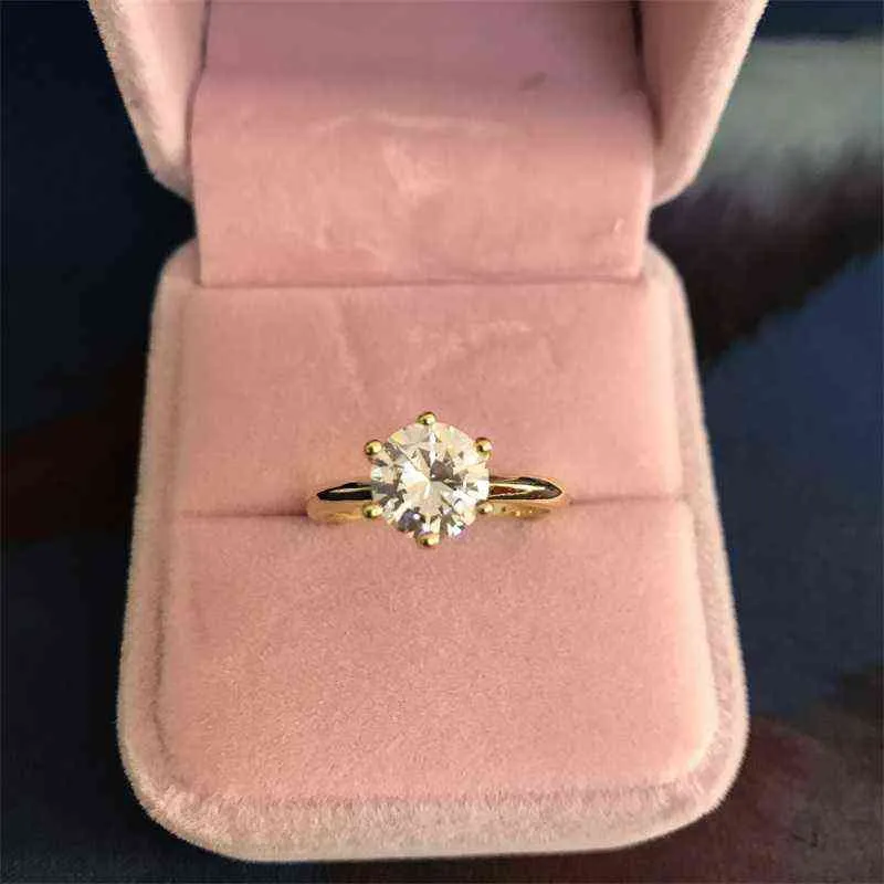 Yanhui 925 Solid Silver 18K Guldfärg Ring Classic 2ct Zirconia Diamond Smycken Engagement Bröllop Mode s för kvinnor 211217