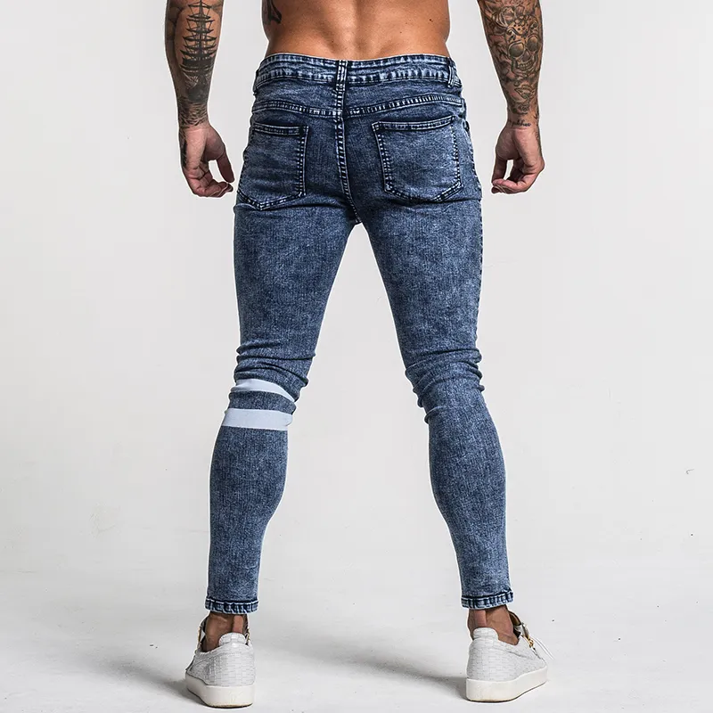 Jeans skinny jeans de gingtto jeans de jeans raspados grandes e altos jeans azuis esticados para homens cintura elástica angustiada 32 perna 30 ZM49 T200614