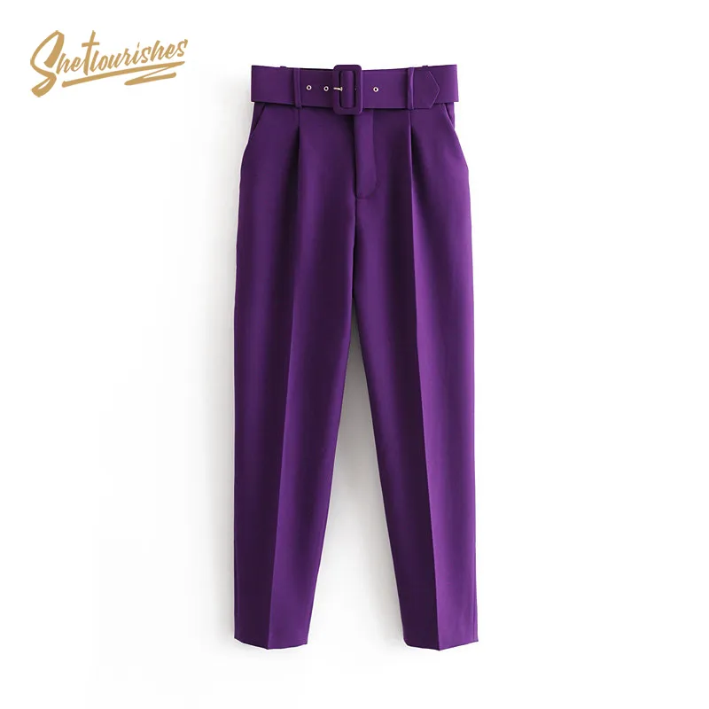 Sheflourishes Womens High Waist Trousers Pants with Belt zoravicky Lavender straight office lady Suit Pants Purple Capris SFF1d LJ200820