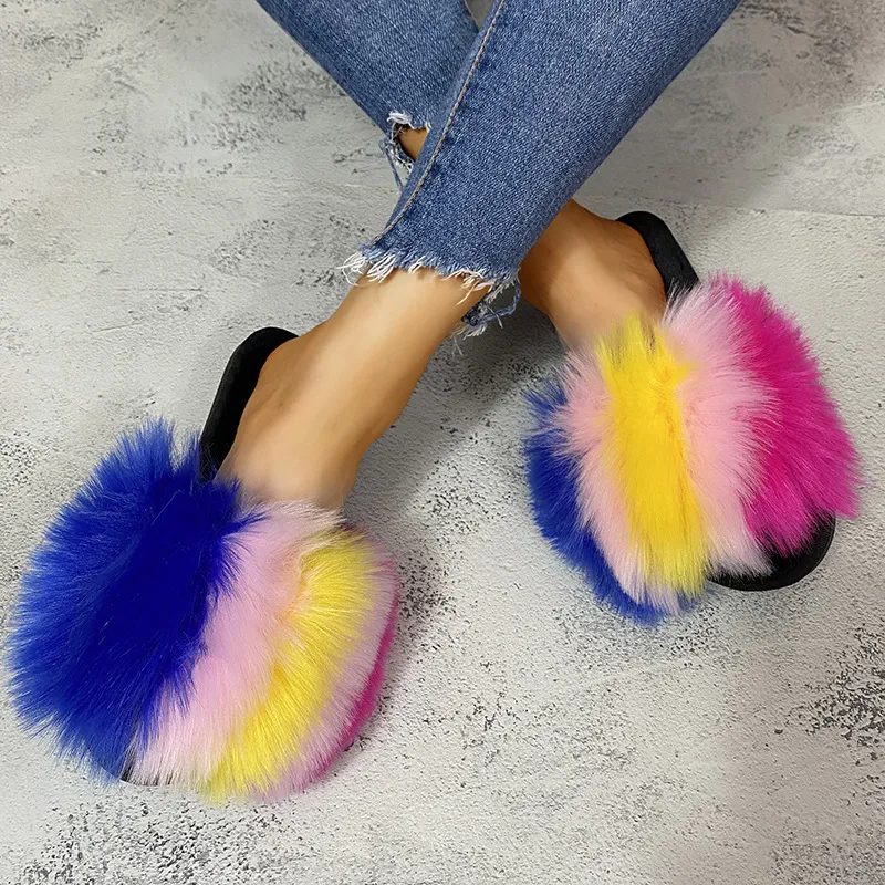 Winter Fluffy Raccoon Slippers Shoes Women Real Faux Fur Flip Flop Flat Furry Slides Outdoor Sandals Woman Amazing 201125