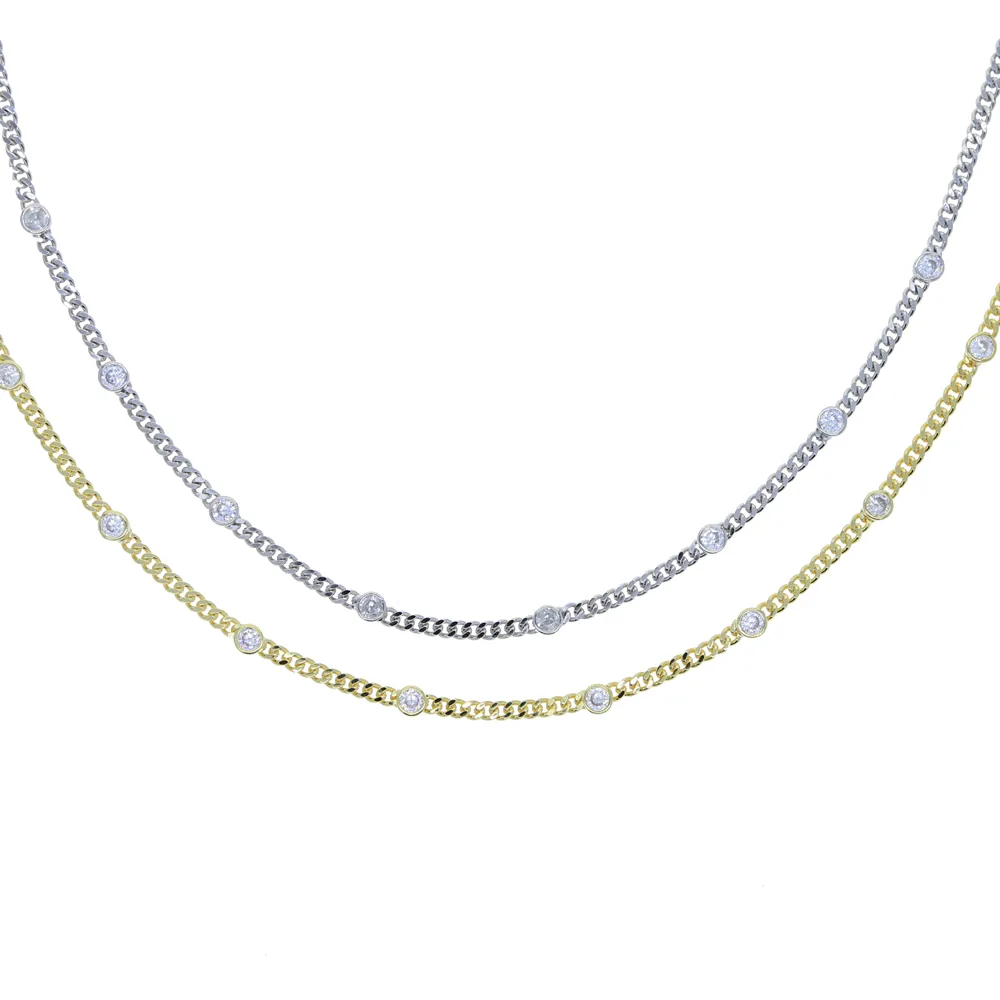 3mm width thin plain cuban link chain 4mm bezel cz european women gold color chain choker necklace valentines day gift3401