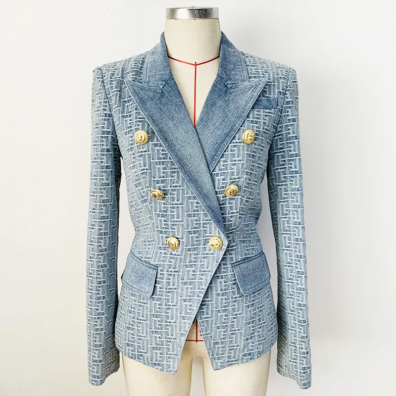 고품질 EST 패션 디자이너 재킷 여성 슬림 피팅 이중 가슴 사자 버튼 기하학적 데님 블레이저 2203039415302