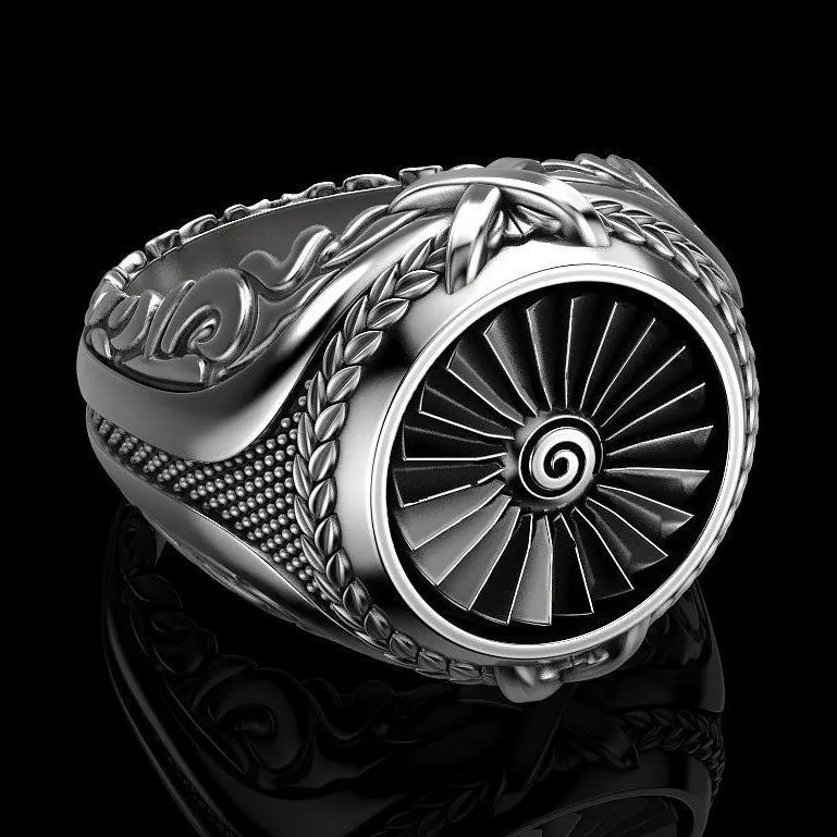 Ny ankomst Creative Heavy Metal Turbine Ring European och American Punk Style Men's Vintage Retro Silver Plated Ring Smycken274f