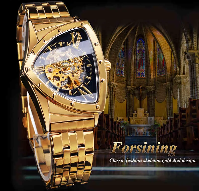 Форминг мужской скелет автоматические механические часы Gold Vine Man Watch Triangle. Начаты на наручные часы роскошные нерегулярные часы Black Dial5405322