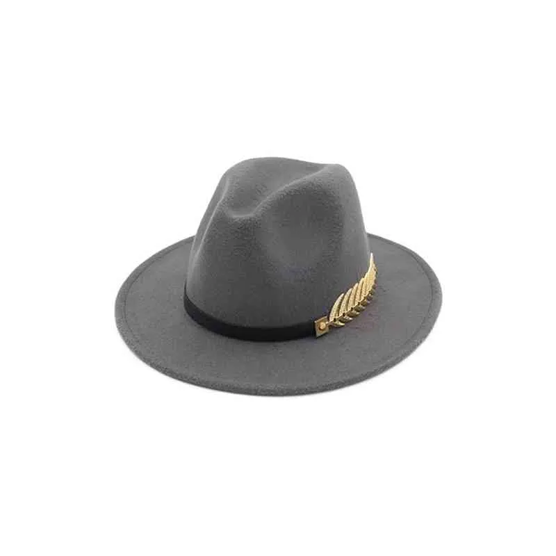 2022 Fashion Design Women Warm Winter Wool Metal leaf Belt Fedora Cap Wide Brim Cowboy Hat AD0779