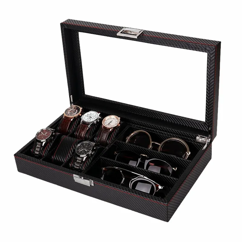 High-end New Lockable Red Sewing Carbon Fiber Black PU Leather Luxury Jewelry Watch Storage Display Packaging Gift Box