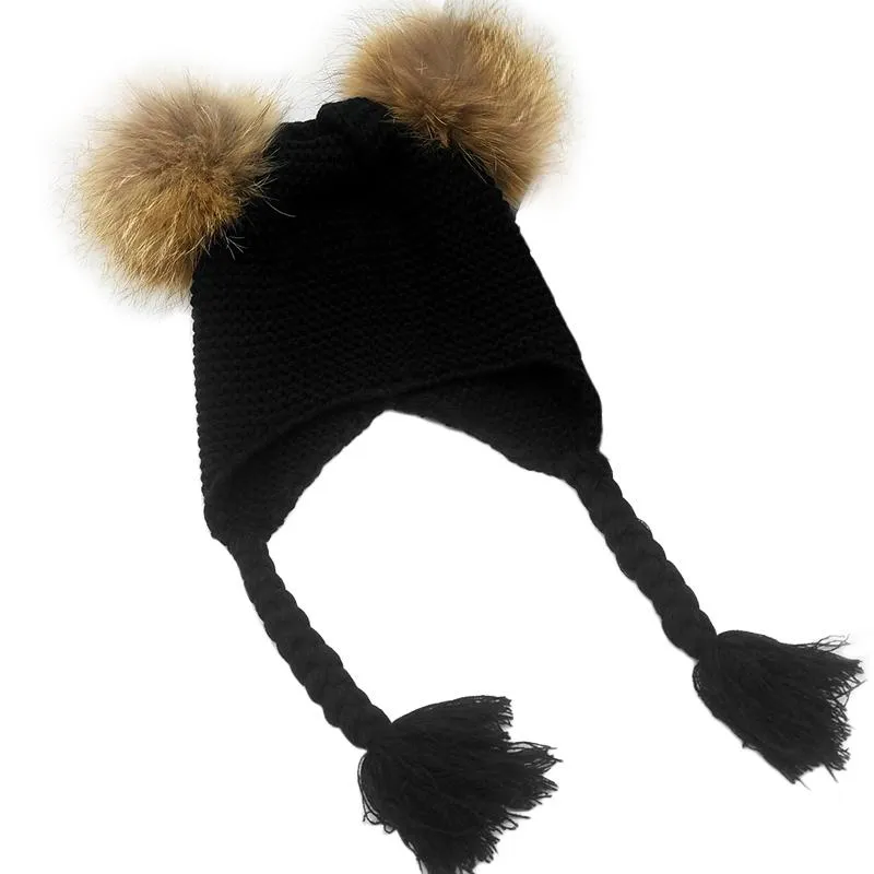 Kids Wool Knit Real Fur Pom Pom Hat Baby Girls Boys Crochet Earflap Winter Hat Beanie Real Raccoon Fur Pompom For Children293U