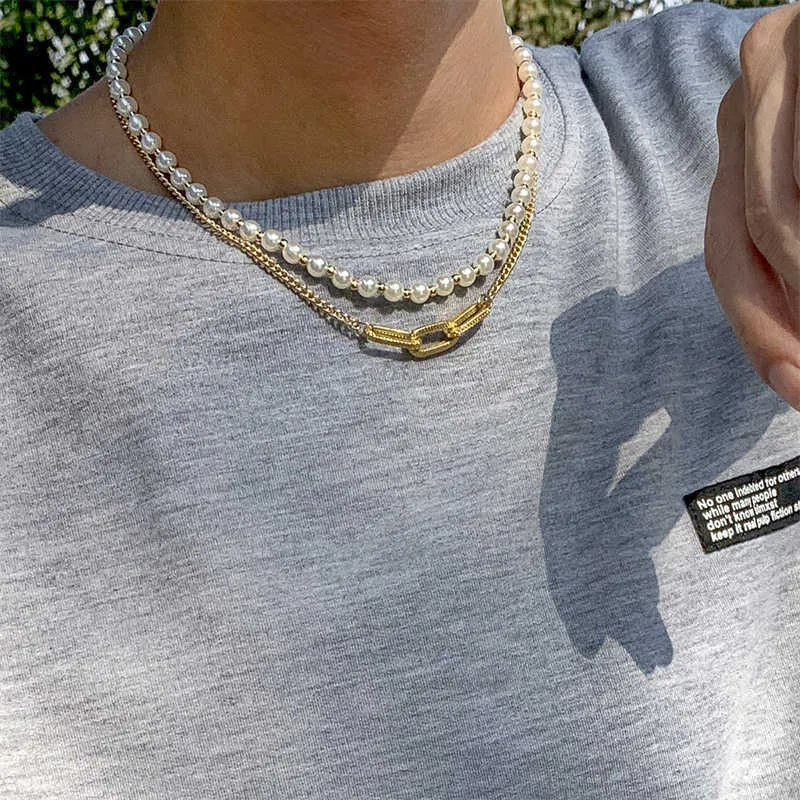 Collier de perles d'imitation de conception géométrique créative rétro, personnalité Style Hip Hop pour hommes et femmes, mêmes accessoires de bijoux, cadeau 302F