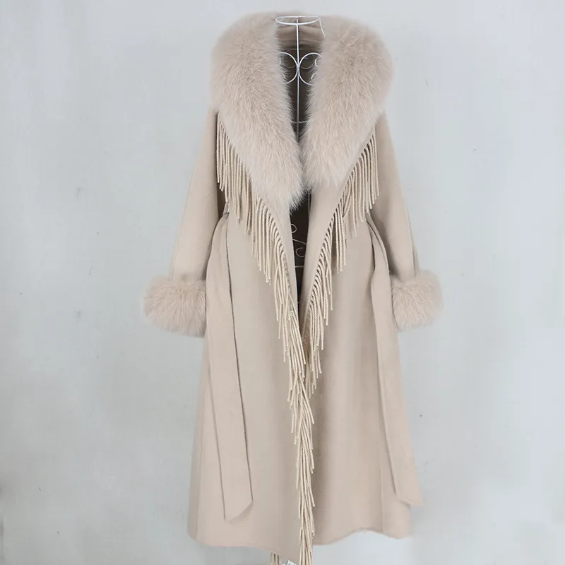 OFTBUY X-long Nappa Cashmere Lana Misto Vera Pelliccia Cappotto Cintura Giacca Invernale Donna Pelliccia di Volpe Naturale Collo Polsini Streetwear 201103