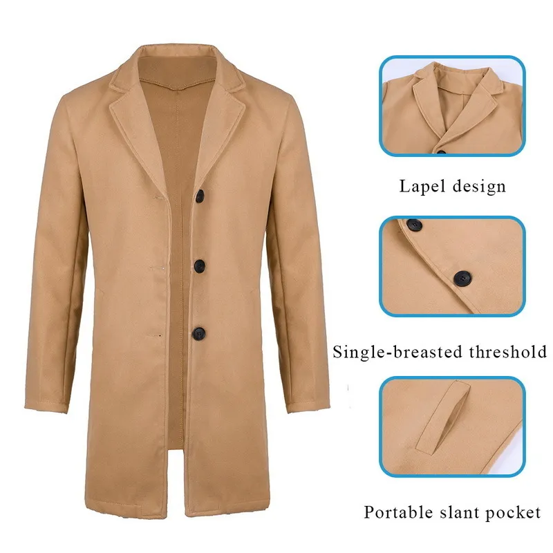 2020 Spring Mens Brand Fleece blends Jacket Male Overcoat Casual Solid Slim collar coats Long cotton trench coat Streetwear LJ201103