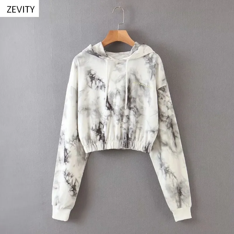 Zevity Women Vintage Ink Tie Dyed målning Casual Hooded Sweatshirts Ladies Hem Elastic Hoodies Brand Chic Tops H300 201203