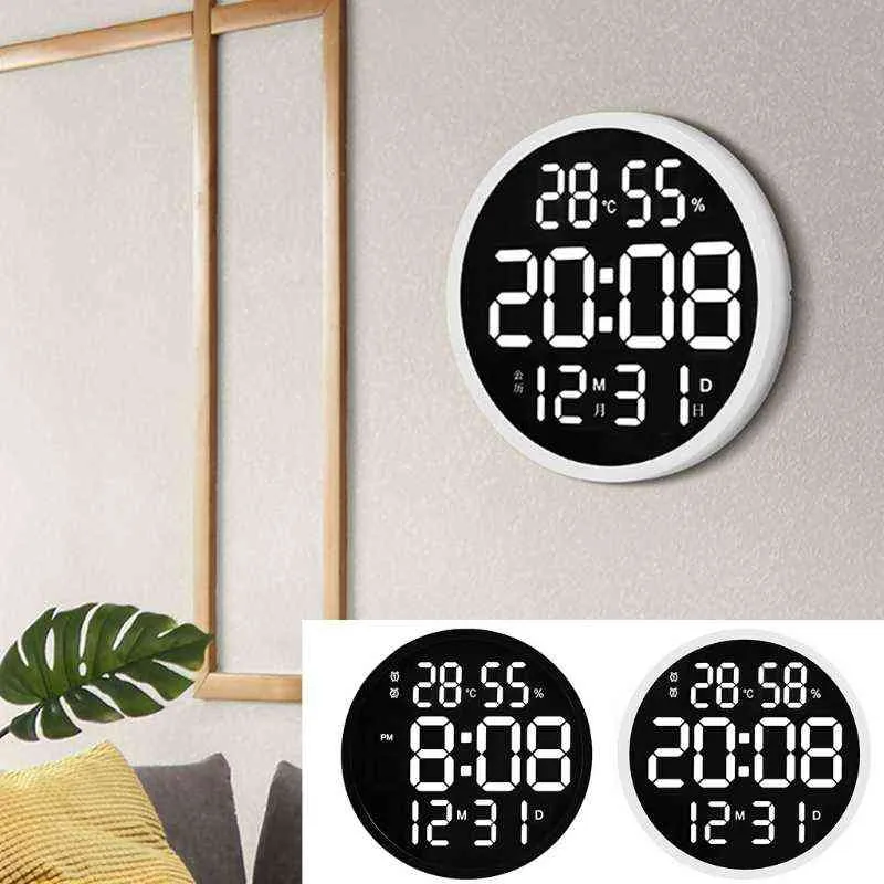 Simple Design Living Room LED Round Wall Clock Digital Display Temperature and Humidity Date Display Alarm Clock Home Bedroom De H1230