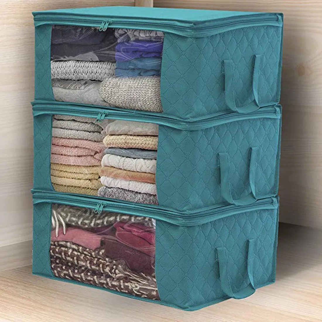 Non-woven Foldable Clothes Organizer Home Storage Box Quilt Storage Bag - Lake Blue LJ200812