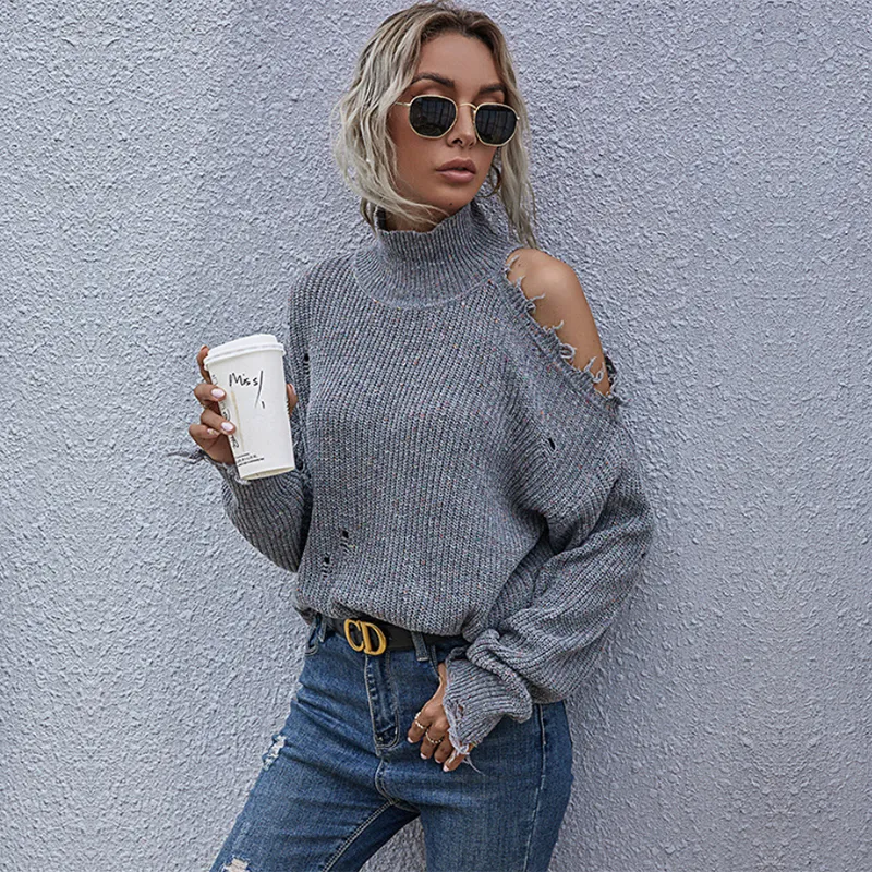 Ripped Black Sweaters Off-shoulder Batwing Sleeve Knitted Hole Pullovers Turtleneck Clothes For Women Fashion Jumpers 201203