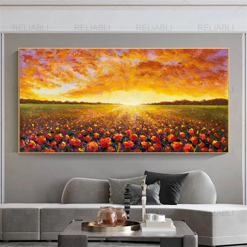Modern Oil Painting Printed on Canvas Rural Landscape Sunset Dawn of Sun Over Flower Field Poster Wall Picture for Home Decor