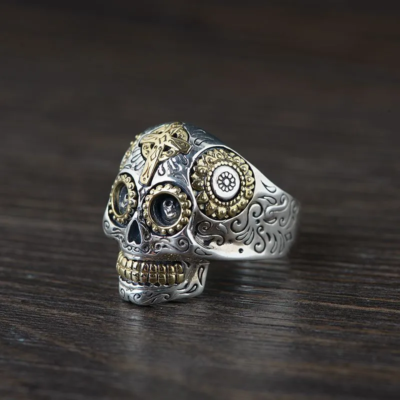 Real Solid 925 Sterling Silver Sugar Skull Rings For Men Mexican Rings Retro Gold Color Cross Sun Flower Engraved Punk Jewelry J01330L