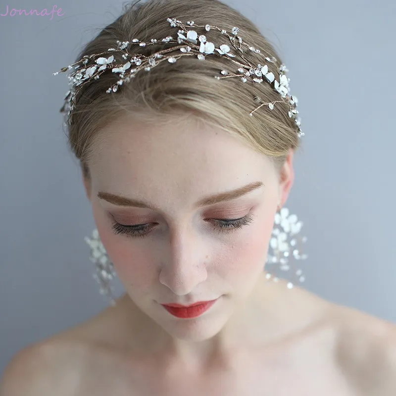 Handmade White Floral Bridal Hair Vine Headband Rhinestone Wedding Accessories Hair Piece Women Party Prom Headpiece J0113