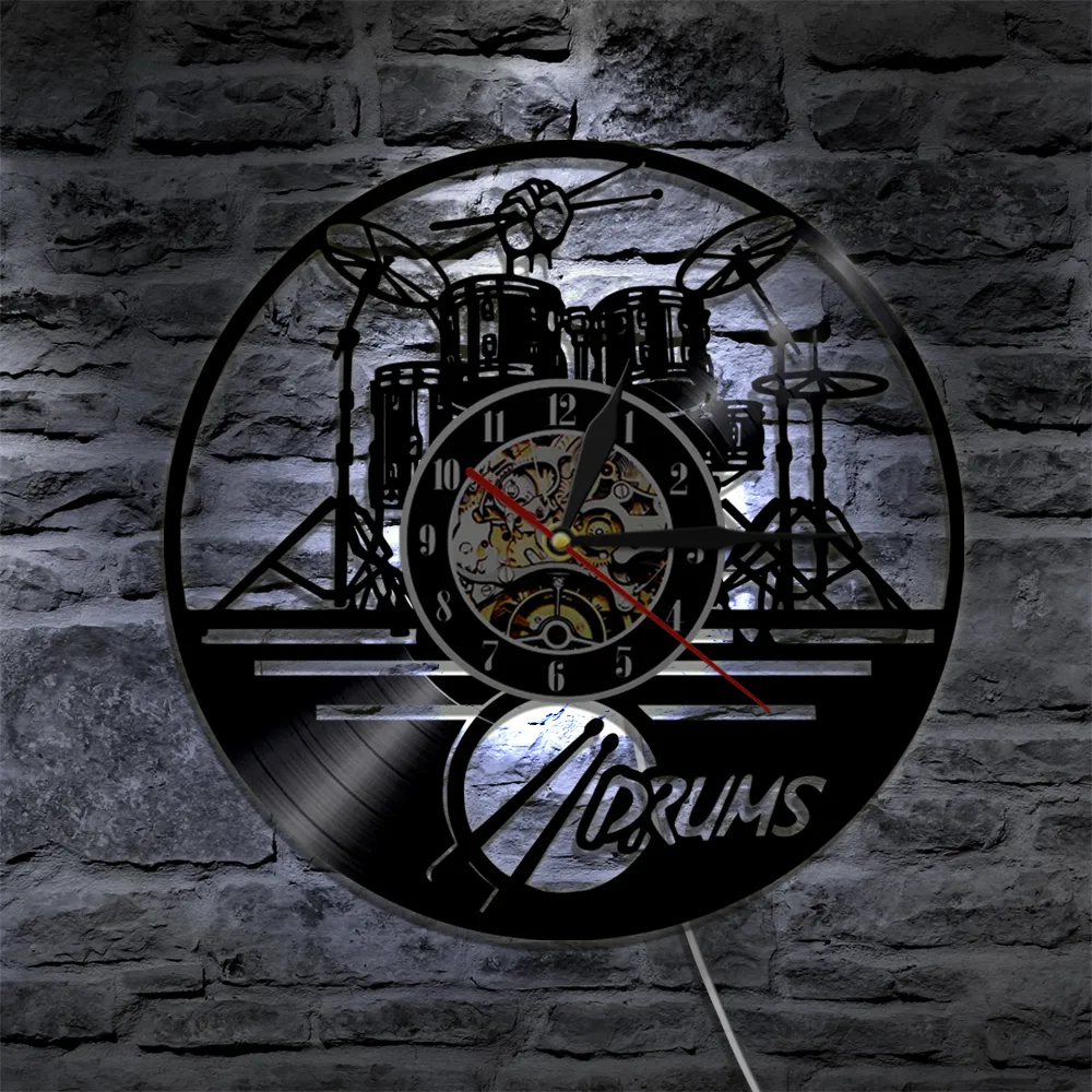 Gitara Bębny Zestaw Sylwetka LED Podświetlenie Reloj Music Nowoczesny Watch Vinylowy Zegarek 3D Zegar ścienny Horloge Band Fan Członek Handmade Prezent 20118