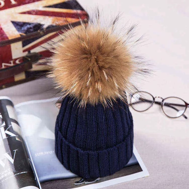 brand winter hat for women High quality beanies cap real Raccoon fur pompom s bonnet femme girls casual 220112