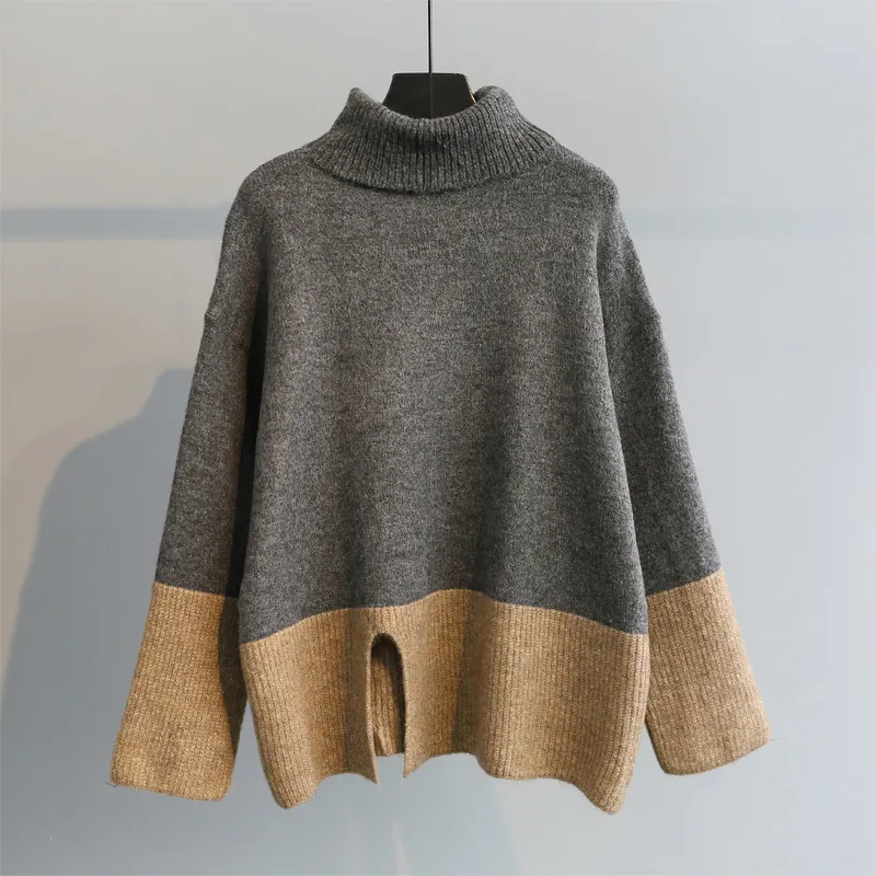 [DEAT] Female Pullover Sweater Full Sleeve Turtleneck Split Hit Color Over Size Autumn Fashion Wild Women's Clothing AM292 201130