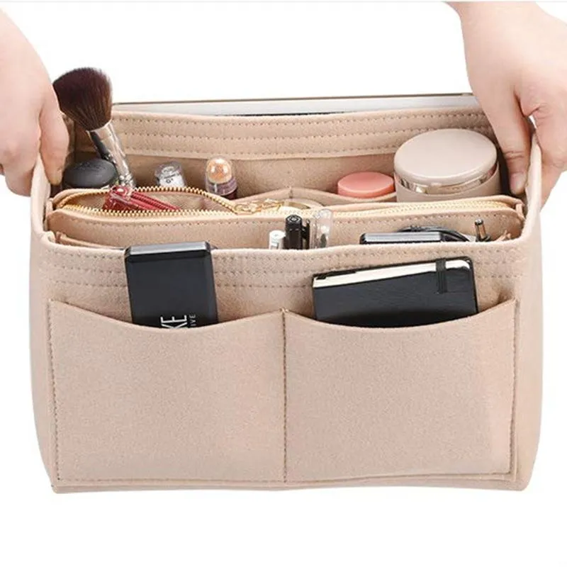 Womens Makeup Organizer Filt tygin Insert Bag Multifunktionell rese Kosmetisk väska Girl Storage Toalettet Liner Bags1783