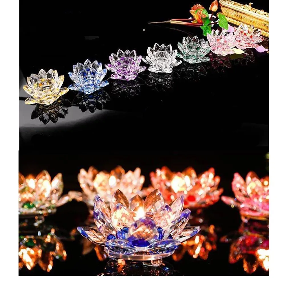 Crystal Glass Lotus Flower Candle Tea Light Holder Buddhist Candlestick Wedding Bar Party Valentine039s Day Decor Night Light Y7005570