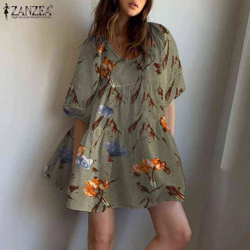 ZANZEA Bohemian Stampato Floreale Mini Abito Estate Donna Vestito Estivo Vintage Manica Corta Allentato A-line Abiti Abiti Y220214