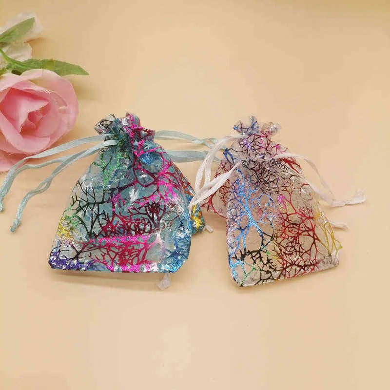 coloré corail rayé organza sac cordon pochette cadeau sac pour tissu noël mariage bijoux stockage emballage sacs H1231